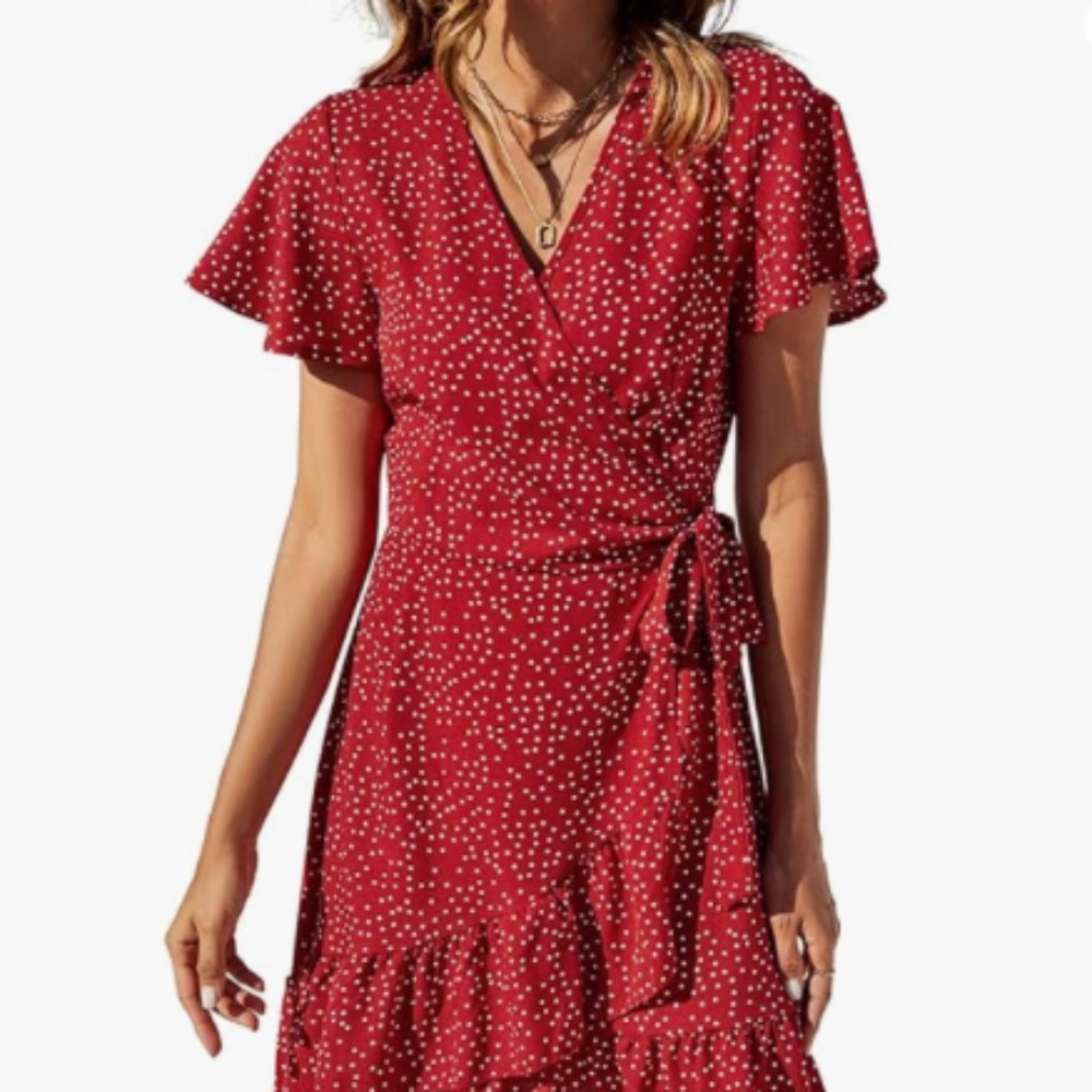 Red Polka Dot Short Sleeve Mini Floral Wrap Dress